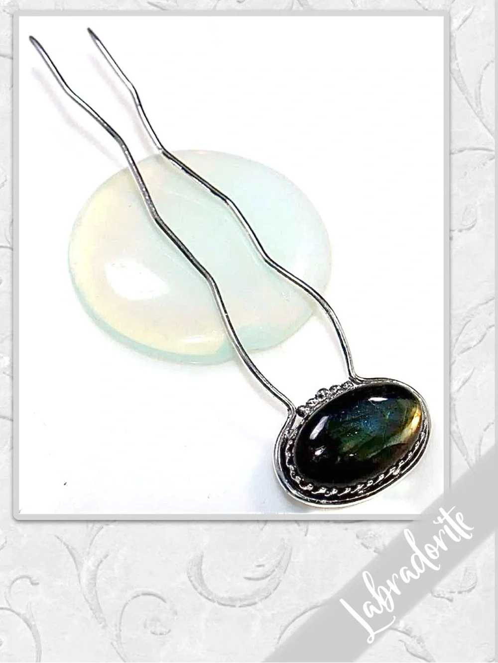 Labradorite Large Eclectic Silver Artisan Hair Pin 4.5” Black, Yellow/Gold, Blue